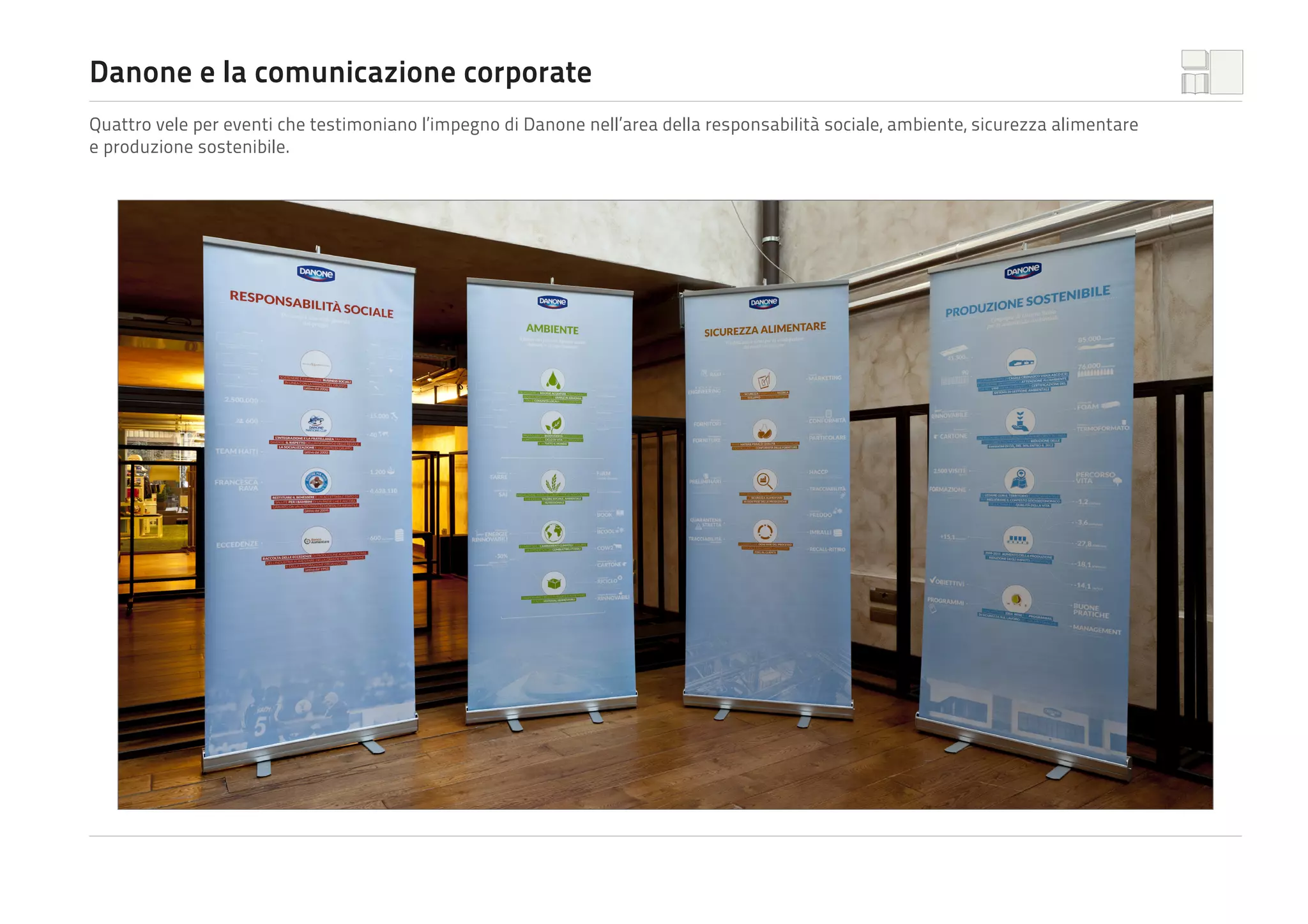 Danone e la comunicazione corporate
Quattro vele per eventi che testimoniano l’impegno di Danone nell’area della responsabilità sociale, ambiente, sicurezza alimentare
e produzione sostenibile.

 