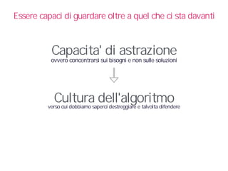 Capacita' di astrazione
ovvero concentrarsi sui bisogni e non sulle soluzioni
Cultura dell'algoritmoverso cui dobbiamo saperci destreggiare e talvolta difendere
Essere capaci di guardare oltre a quel che ci sta davanti
 
