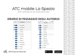 ATC mobile La Spezia
APP ufficiale di Atc Esercizio Spa
ORARIO DI PASSAGGIO DEGLI AUTOBUS
#ATCstacambiando
 