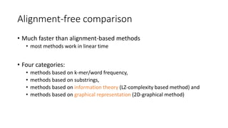 Alignment-free comparison
• Much faster than alignment-based methods
• most methods work in linear time
• Four categories:
• methods based on k-mer/word frequency,
• methods based on substrings,
• methods based on information theory (LZ-complexity based method) and
• methods based on graphical representation (2D-graphical method)
 