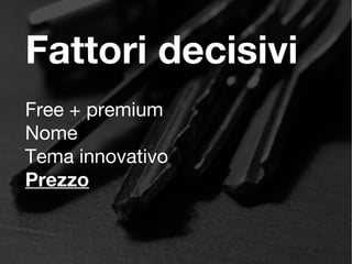 Fattori decisivi
Free + premium
Nome
Tema innovativo
Prezzo
 