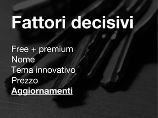 Fattori decisivi
Free + premium
Nome
Tema innovativo
Prezzo
Aggiornamenti
 