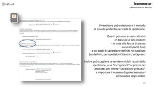 Il venditore può selezionare il metodo
di calcolo preferito per costi di spedizione.
Questi possono essere calcolati
-in base peso dei prodotti
- in base alla fascia di prezzo
- su un importo fisso
- o sui costi di spedizione definiti nel catalogo
(se definiti, per spedizioni Standard o Express)
Inoltre può scegliere se rendere visibili i costi della
spedizione, o se “incorporarli” al prezzo dei
prodotti, per offrire “spedizione gratuita”,
e impostare il numero di giorni necessari
all’evasione degli ordini.
CONFIGURAZIONE DEL NEGOZIO
29
 