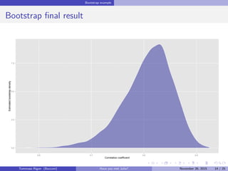 Bootstrap example
Bootstrap ﬁnal result
0.0
2.5
5.0
7.5
0.6 0.7 0.8 0.9
Correlation coefficient
Estimatedbootstrapdensity
Tommaso Rigon Have you met Julia? May 2, 2016 14 / 25
 