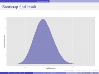 Bootstrap example
Bootstrap ﬁnal result
0
5
10
15
20
25
0.70 0.74 0.78
Explained variance
Estimatedbootstrapdensity
Tommaso Rigon Have you met Julia? May 2, 2016 18 / 25
 
