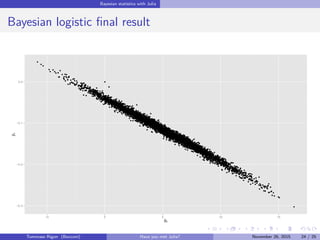 Bayesian statistics with Julia
Bayesian logistic ﬁnal result
−0.3
−0.2
−0.1
0.0
−5 0 5 10 15
β0
β1
Tommaso Rigon Have you met Julia? May 2, 2016 24 / 25
 