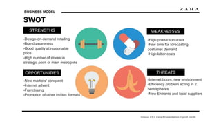 BUSINESS MODEL
SWOT
Group 01 // Zara Presentation // prof. Grilli
STRENGTHS WEAKNESSES
THREATSOPPORTUNITIES
-Design-on-demand retailing
-Brand awareness
-Good quality at reasonable
price
-High number of stores in
strategic point of main metropolis
-New markets’ conquest
-Internet advent
-Franchising
-Promotion of other Inditex formats
-Internet boom, new environment
-Efficiency problem acting in 2
hemispheres
-New Entrants and local suppliers
-High production costs
-Few time for forecasting
costumer demand
-High labor costs
 