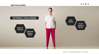 Group 01 // Zara Presentation // prof. Grilli
NEW CHALLENGES
EXTERNAL CHALLENGES
Different
Cultures
Opposite
Season
Effect
USA
Market
South
America
Market
 