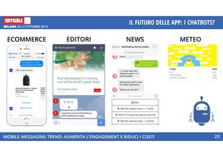 MOBILE MESSAGING TREND: AUMENTA L’ENGAGEMENT E RIDUCI I COSTI
IL FUTURO DELLE APP: I CHATBOTS?
23
ECOMMERCE EDITORIECOMMERCE NEWSNEWS METEO
 