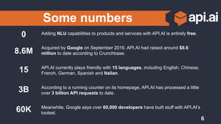 Some numbers
Adding NLU capabilities to products and services with API.AI is entirely free.
Acquired by Google on September 2016. API.AI had raised around $8.6
million to date according to Crunchbase.
API.AI currently plays friendly with 15 languages, including English, Chinese,
French, German, Spanish and Italian.
According to a running counter on its homepage, API.AI has processed a little
over 3 billion API requests to date.
Meanwhile, Google says over 60,000 developers have built stuff with API.AI’s
toolset.
0
8.6M
15
3B
60K
6
 