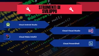 Cloud Android Studio
Cloud Make IntelliJ
Cloud PowerShell
Cloud Visual Studio
STRUMENTI DI
SVILUPPO
 