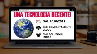 UNA TECNOLOGIA RECENTE!
23% COMPLETAMENTE
CLOUD
DAL 2010/2011
69% SOLUZIONI
IBRIDE
 