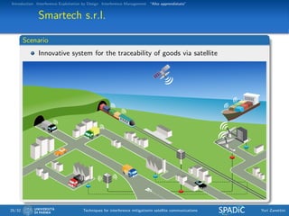 Introduction Interference Exploitation by Design Interference Management “Alto apprendistato”
Smartech s.r.l.
Scenario
Innovative system for the traceability of goods via satellite
25/32 Techniques for interference mitigationin satellite communications Yuri Zanettini
 
