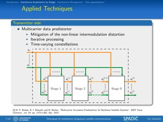 Introduction Interference Exploitation by Design Interference Management “Alto apprendistato”
Applied Techniques
Transmitter side
Multicarrier data predistorter
Mitigation of the non-linear intermodulation distortion
Iterative processing
Time-varying constellations
Stage 1 Stage 2
a1
aU
a
(0)
1
a
(0)
U
a
(2)
1
a
(2)
U
a
(S)
1
a
(S)
U
a
(1)
1
a
(1)
U
a
(S-1)
1
a
(S-1)
U
Stage S
[3] B. F. Beidas, R. I. Shesadri and N. Becker, “Multicarrier Successive Predistortion for Nonlinear Satellite Systems,” IEEE Trans.
Commun., vol. 63, pp. 1373–1382, Apr. 2015
7/32 Techniques for interference mitigationin satellite communications Yuri Zanettini
 