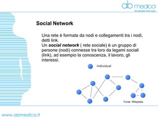 www.abmedica.it Social Network  Fonte: Wikipedia Una rete è formata da nodi e collegamenti tra i nodi, detti link. Un  social network  ( rete sociale) è un gruppo di persone (nodi) connesse tra loro da legami sociali (link), ad esempio la conoscenza, il lavoro, gli interessi. 