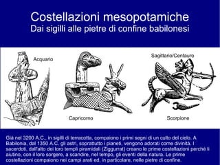 Costellazioni mesopotamiche
Dai sigilli alle pietre di confine babilonesi
Acquario
Sagittario/Centauro
Capricorno Scorpione
Già nel 3200 A.C., in sigilli di terracotta, compaiono i primi segni di un culto del cielo. A
Babilonia, dal 1350 A.C. gli astri, soprattutto i pianeti, vengono adorati come divinità. I
sacerdoti, dall'alto dei loro templi piramidali (Ziggurrat) creano le prime costellazioni perché li
aiutino, con il loro sorgere, a scandire, nel tempo, gli eventi della natura. Le prime
costellazioni compaiono nei campi arati ed, in particolare, nelle pietre di confine.
 