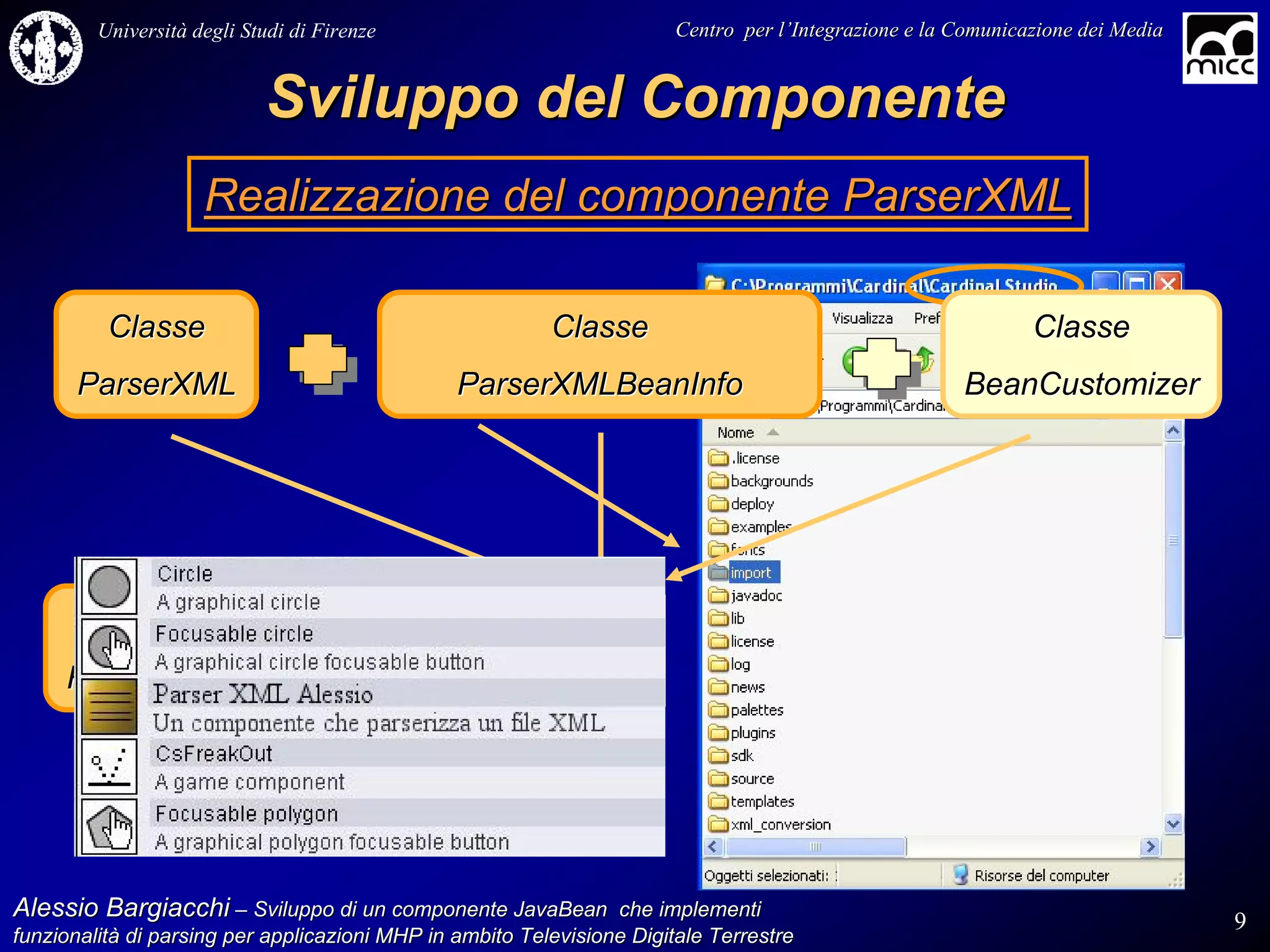 Università degli Studi di Firenze                              Centro per l’Integrazione e la Comunicazione dei Media
                                                                                   l’


                            Sviluppo del Componente
                     Realizzazione del componente ParserXML

          Classe                                          Classe                                               Classe
      ParserXML                                 ParserXMLBeanInfo                                      BeanCustomizer




     File Manifest
                                                        File JAR



Alessio Bargiacchi – Sviluppo di un componente JavaBean che implementi                                                           9
funzionalità di parsing per applicazioni MHP in ambito Televisione Digitale Terrestre
funzionalità
 