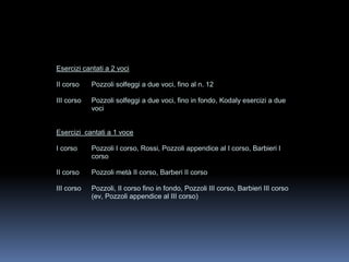 Esercizi cantati a 2 voci
II corso Pozzoli solfeggi a due voci, fino al n. 12
III corso Pozzoli solfeggi a due voci, fino in fondo, Kodaly esercizi a due
voci
Esercizi cantati a 1 voce
I corso Pozzoli I corso, Rossi, Pozzoli appendice al I corso, Barbieri I
corso
II corso Pozzoli metà II corso, Barberi II corso
III corso Pozzoli, II corso fino in fondo, Pozzoli III corso, Barbieri III corso
(ev, Pozzoli appendice al III corso)
 