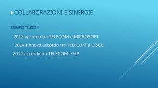 COLLABORAZIONI E SINERGIE
ESEMPIO TELECOM
2012 accordo tra TELECOM e MICROSOFT
2014 rinnovo accordo tra TELECOM e CISCO
2014 accordo tra TELECOM e HP
 