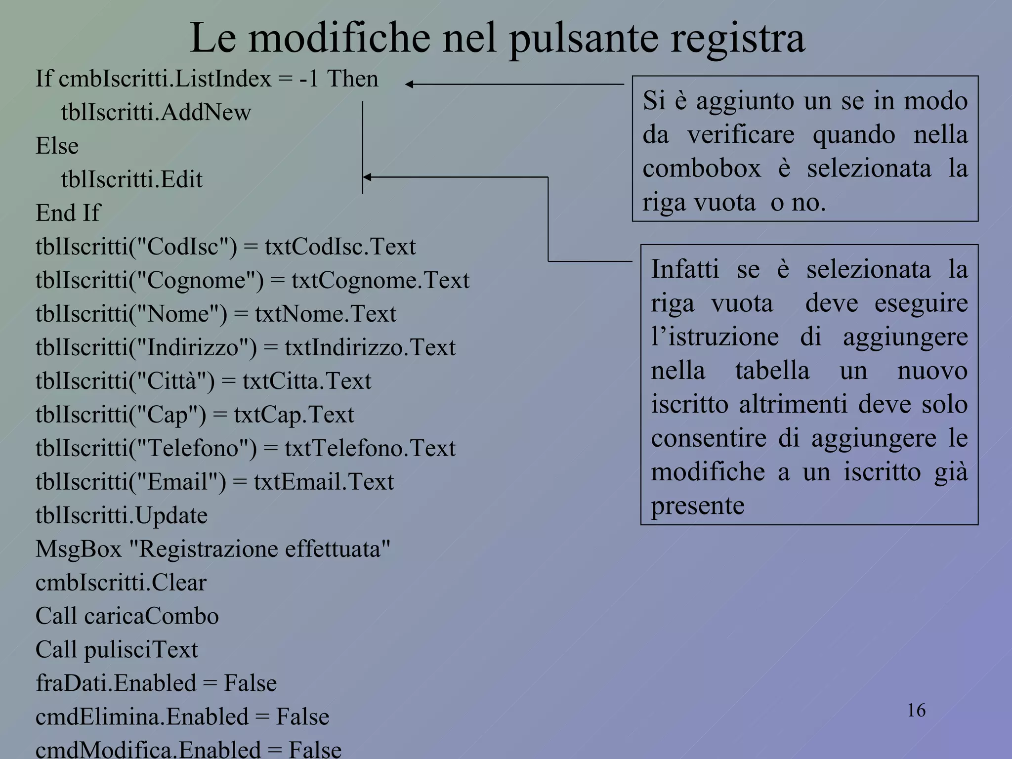 Le modifiche nel pulsante registra If cmbIscritti.ListIndex = -1 Then tblIscritti.AddNew Else tblIscritti.Edit End If tblIscritti("CodIsc") = txtCodIsc.Text tblIscritti("Cognome") = txtCognome.Text tblIscritti("Nome") = txtNome.Text tblIscritti("Indirizzo") = txtIndirizzo.Text tblIscritti("Città") = txtCitta.Text tblIscritti("Cap") = txtCap.Text tblIscritti("Telefono") = txtTelefono.Text tblIscritti("Email") = txtEmail.Text tblIscritti.Update MsgBox "Registrazione effettuata" cmbIscritti.Clear Call caricaCombo  Call pulisciText fraDati.Enabled = False cmdElimina.Enabled = False cmdModifica.Enabled = False Si è aggiunto un se in modo da verificare quando nella combobox è selezionata la riga vuota  o no.  Infatti se è selezionata la riga vuota  deve eseguire l’istruzione di aggiungere nella tabella un nuovo iscritto altrimenti deve solo consentire di aggiungere le modifiche a un iscritto già presente 