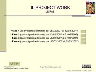 IL PROJECT WORK LE FASI • Fase 1  (da svolgersi a distanza dal 05/02/2007 al 12/02/2007)  •  Fase 2  (da svolgersi a distanza dal 13/02/2007 al 23/02/2007)  •  Fase 3  (da svolgersi a distanza dal 26/02/2007 al 07/03/2007)  •  Fase 4  (da svolgersi a distanza dal  13/03/2007 al 31/03/2007)  