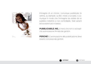 SOFTWARECOPYRIGHT
Immagine di un minore, comunque pubblicata (in
vetrina, su stampati, su libri, riviste o sul web), o co-
munque in modo che l’immagine sia visibile da un
pubblico indistinto e non controllabile. Vedi varianti
ed eccezioni più in basso.
PUBBLICABILE: NO, a meno che non ci sia espli-
cita autorizzazione firmata dai genitori.
PERCHE’: L’autorizzazione alla pubblicazione deve
essere concessa dai genitori.
 