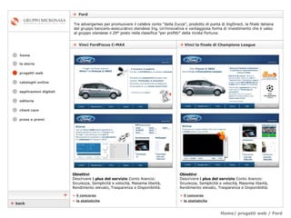 Home/ progetti web / Ford    Ford cataloghi online applicazioni digitali editoria client care press e premi home Tre advergames per promuovere il celebre conto “della Zucca”, prodotto di punta di IngDirect, la filiale italiana del gruppo bancario-assicurativo olandese Ing. Un’innovativa e vantaggiosa forma di investimento che è valso al gruppo olandese il 29° posto nella classifica "per profitti" della rivista Fortune. la storia    back     Vinci FordFocus C-MAX    Vinci la finale di Champions League »   il concorso Obiettivi Descrivere  i plus del servizio  Conto Arancio: Sicurezza, Semplicità e velocità, Massima libertà, Rendimento elevato, Trasparenza e Disponibilità.  »   il concorso Obiettivi Descrivere  i plus del servizio  Conto Arancio: Sicurezza, Semplicità e velocità, Massima libertà, Rendimento elevato, Trasparenza e Disponibilità.  »   le statistiche »   le statistiche progetti web 