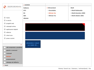 Home/ lavori az / banner / winnerland / ita  cataloghi online applicazioni digitali editoria client care press e premi home    BANNER la storia    back banner stampa ed editoria giochi e concorsi presentazioni richmail DeBeers DTC Eti SEA Shell    Winnerland   Scavoletto   Winner ita Winner fra Allstate Shell Multiscelta Shell dicembre 2000 Shell ottobre 2001 siti corporate e prodotto  progetti web 
