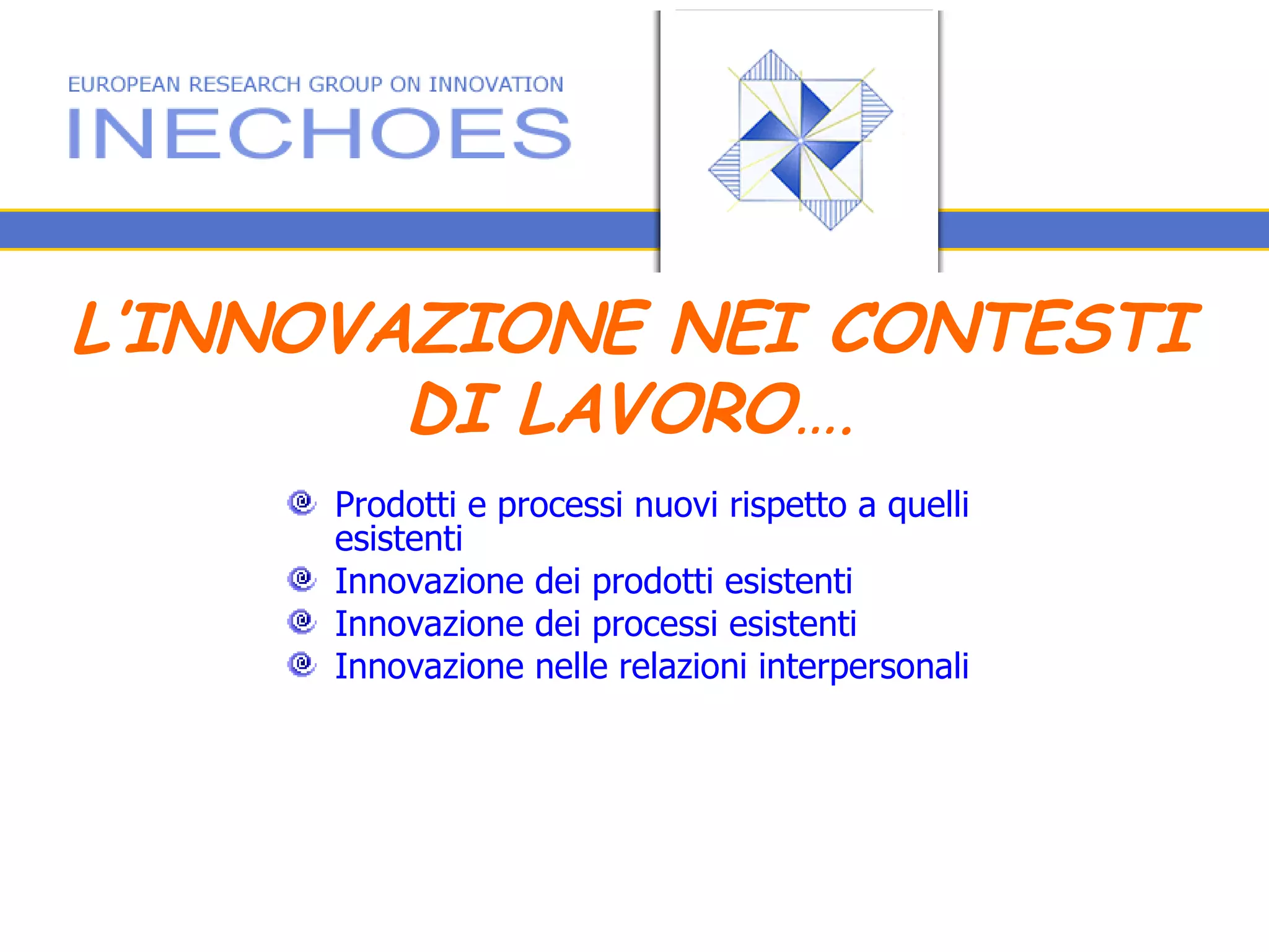 Prodotti e processi nuovi rispetto a quelli esistenti Innovazione dei prodotti esistenti Innovazione dei processi esistenti Innovazione nelle relazioni interpersonali L’INNOVAZIONE NEI CONTESTI DI LAVORO …. 