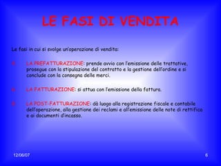 LE FASI DI VENDITA Le fasi in cui si svolge un’operazione di vendita: LA PREFATTURAZIONE : prende avvio con l’emissione delle trattative, prosegue con la stipulazione del contratto e la gestione dell’ordine e si conclude con la consegna delle merci. LA FATTURAZIONE : si attua con l’emissione della fattura. LA POST-FATTURAZIONE : dà luogo alla registrazione fiscale e contabile dell’operazione, alla gestione dei reclami e all’emissione delle note di rettifica e ai documenti d’incasso. 
