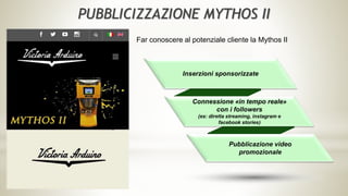 Inserzioni sponsorizzate
Pubblicazione video
promozionale
Connessione «in tempo reale»
con i followers
(es: diretta streaming, instagram e
facebook stories)
PUBBLICIZZAZIONE MYTHOS II
Far conoscere al potenziale cliente la Mythos II
Altro…
 