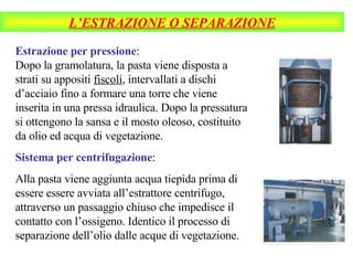 L’ESTRAZIONE O SEPARAZIONE Estrazione per pressione : Dopo la gramolatura, la pasta viene disposta a strati su appositi  fiscoli , intervallati a dischi d’acciaio fino a formare una torre che viene inserita in una pressa idraulica. Dopo la pressatura si ottengono la sansa e il mosto oleoso, costituito da olio ed acqua di vegetazione. Sistema per centrifugazione : Alla pasta viene aggiunta acqua tiepida prima di essere essere avviata all’estrattore centrifugo, attraverso un passaggio chiuso che impedisce il contatto con l’ossigeno. Identico il processo di separazione dell’olio dalle acque di vegetazione.  