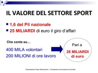 IL VALORE DEL SETTORE SPORTIL VALORE DEL SETTORE SPORT
 1,6 del Pil nazionale
 25 MILIARDI di euro il giro d’affari
400 MILA volontari
200 MILIONI di ore lavoro
Pari a
28 MILIARDI
di euro
Che conta su…
Presentatore Paolo Marcheschi – Presidente Commissione Controllo
 