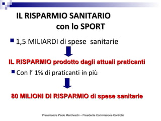 IL RISPARMIO SANITARIOIL RISPARMIO SANITARIO
con lo SPORTcon lo SPORT
 1,5 MILIARDI di spese sanitarie
IL RISPARMIO prodotto dagli attuali praticantiIL RISPARMIO prodotto dagli attuali praticanti
 Con l’ 1% di praticanti in più
80 MILIONI DI RISPARMIO di spese sanitarie80 MILIONI DI RISPARMIO di spese sanitarie
Presentatore Paolo Marcheschi – Presidente Commissione Controllo
 