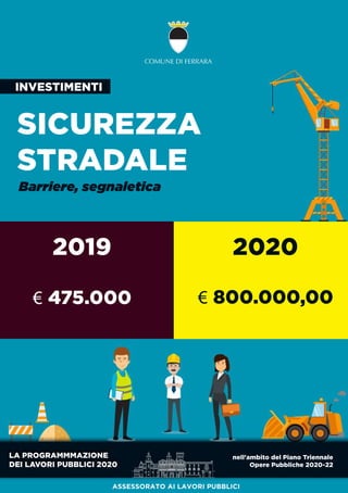 LAPROGRAMMMAZIONE
DEILAVORIPUBBLICI2020
nell'ambitodelPianoTriennale
OperePubbliche2020-22
SICUREZZA
STRADALE
Barriere,segnaletica
2019 2020
INVESTIMENTI
ASSESSORATO AILAVORIPUBBLICI
€475.000 €800.000,00
 