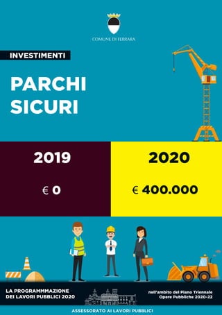 LAPROGRAMMMAZIONE
DEILAVORIPUBBLICI2020
nell'ambitodelPianoTriennale
OperePubbliche2020-22
PARCHI
SICURI
2019 2020
INVESTIMENTI
ASSESSORATO AILAVORIPUBBLICI
€0 €400.000
 