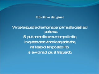 Obiettivo del gioco Vince la squadra che ritorna per prima alla casella di partenza.  Si può anche fissare un tempo limite, in questo caso vince la squadra che,  nel lasso di tempo stabilito,  si avvicina di più al traguardo. 
