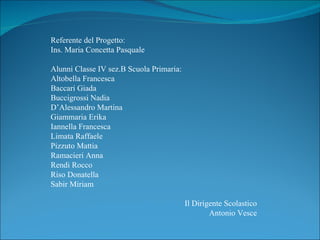 Referente del Progetto:  Ins. Maria Concetta Pasquale Alunni Classe IV sez.B Scuola Primaria: Altobella Francesca Baccari Giada Buccigrossi Nadia D’Alessandro Martina Giammaria Erika Iannella Francesca Limata Raffaele Pizzuto Mattia Ramacieri Anna Rendi Rocco Riso Donatella Sabir Miriam Il Dirigente Scolastico Antonio Vesce 