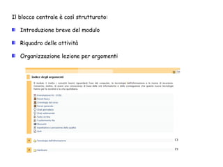 Il blocco centrale è così strutturato: Introduzione breve del modulo Riquadro delle attività Organizzazione lezione per argomenti 