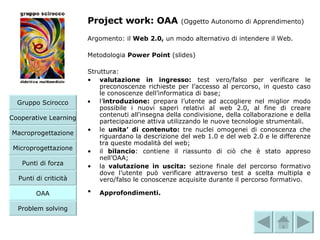 Project work: OAA   (Oggetto Autonomo di Apprendimento)  Argomento: il  Web 2.0,  un modo alternativo di intendere il Web.  Metodologia  Power Point  (slides)  Struttura: valutazione in ingresso:  test vero/falso per verificare le preconoscenze richieste per l’accesso al percorso, in questo caso le conoscenze dell’informatica di base; l’ introduzione:  prepara l’utente ad accogliere nel miglior modo possibile i nuovi saperi relativi al web 2.0, al fine di creare contenuti all'insegna della condivisione, della collaborazione e della partecipazione attiva utilizzando le nuove tecnologie strumentali.    le  unita’ di contenuto:  tre   nuclei omogenei di conoscenza che riguardano la descrizione del web 1.0 e del web 2.0 e le differenze tra queste modalità del web;    il  bilancio : contiene il riassunto di ciò che è stato appreso nell’OAA;   la  valutazione in uscita:  sezione finale del percorso formativo dove l’utente può verificare attraverso test a scelta multipla e vero/falso le conoscenze acquisite durante il percorso formativo.   Approfondimenti.     Microprogettazione Gruppo Scirocco Cooperative Learning Macroprogettazione Punti di forza Punti di criticità OAA Problem solving 