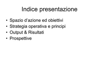 Indice presentazione Spazio d’azione ed obiettivi  Strategia operativa e principi  Output & Risultati  Prospettive 