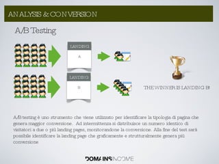 A/B Testing A/B testing è uno strumento che viene utilizzato per identificare la tipologia di pagina che genera maggior conversione.  Ad intermittenza si distribuisce un numero identico di visitatori a due o più landing pages, monitorandone la conversione. Alla fine del test sarà possibile identificare la landing page che graficamente e strutturalmente genera più conversione LANDING LANDING THE WINNER IS LANDING B! ANALYSIS & CONVERSION A B 