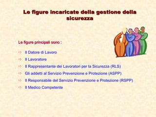 Le figure incaricate della gestione della
sicurezza
Le figure principali sono :
 Il Datore di Lavoro
 Il Lavoratore
 Il Rappresentante dei Lavoratori per la Sicurezza (RLS)
 Gli addetti al Servizio Prevenzione e Protezione (ASPP)
 Il Responsabile del Servizio Prevenzione e Protezione (RSPP)
 Il Medico Competente
 