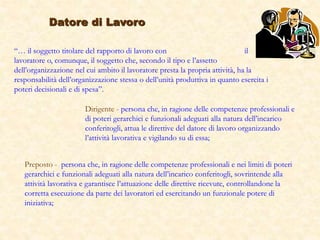 Datore di Lavoro
“… il soggetto titolare del rapporto di lavoro con il
lavoratore o, comunque, il soggetto che, secondo il tipo e l’assetto
dell’organizzazione nel cui ambito il lavoratore presta la propria attività, ha la
responsabilità dell’organizzazione stessa o dell’unità produttiva in quanto esercita i
poteri decisionali e di spesa”.
Preposto - persona che, in ragione delle competenze professionali e nei limiti di poteri
gerarchici e funzionali adeguati alla natura dell’incarico conferitogli, sovrintende alla
attività lavorativa e garantisce l’attuazione delle direttive ricevute, controllandone la
corretta esecuzione da parte dei lavoratori ed esercitando un funzionale potere di
iniziativa;
Dirigente - persona che, in ragione delle competenze professionali e
di poteri gerarchici e funzionali adeguati alla natura dell’incarico
conferitogli, attua le direttive del datore di lavoro organizzando
l’attività lavorativa e vigilando su di essa;
 