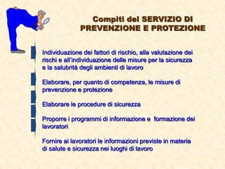 Compiti del SERVIZIO DI
PREVENZIONE E PROTEZIONE
Individuazione dei fattori di rischio, alla valutazione dei
rischi e all’individuazione delle misure per la sicurezza
e la salubrità degli ambienti di lavoro
Elaborare, per quanto di competenza, le misure di
prevenzione e protezione
Elaborare le procedure di sicurezza
Proporre i programmi di informazione e formazione dei
lavoratori
Fornire ai lavoratori le informazioni previste in materia
di salute e sicurezza nei luoghi di lavoro
 