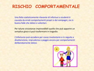 RISCHIO COMPORTAMENTALE
Una fetta statisticamente rilevante di infortuni a studenti è
causata da errati comportamenti propri o dei compagni, sia in
buona fede che dolosi e volontari.
Per talune circostanze imprevedibili quello che può apparire un
semplice gioco si può trasformare in tragedia.
L’infortunio può accadere per cause involontarie o in seguito a
disattenzione, imprudenza o peggio ancora per comportamenti
deliberatamente dolosi.
 