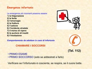 Emergenza infortunio
Le emergenze più ricorrenti possono essere:
1) la folgorazione
2) le ferite
3) l’emorragia
4) la frattura
5) l’ustione
6) l’incidente stradale
7) il morso di vipera
8) le punture di insetti
9) l’insolazione
Comportamento da adottare in caso di infortunio
CHIAMARE I SOCCORSI
• PRIMO ESAME
• PRIMO SOCCORSO (solo se addestrati a farlo)
Verificare se l’infortunato è cosciente, se respira, se il cuore batte.
(Tel. 112)
 