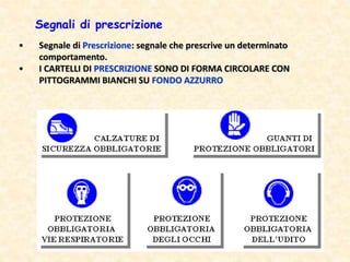 • Segnale di Prescrizione: segnale che prescrive un determinato
comportamento.
• I CARTELLI DI PRESCRIZIONE SONO DI FORMA CIRCOLARE CON
PITTOGRAMMI BIANCHI SU FONDO AZZURRO
Segnali di prescrizione
 