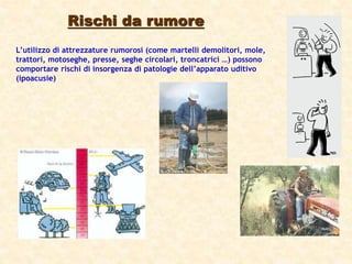 Rischi da rumore
L’utilizzo di attrezzature rumorosi (come martelli demolitori, mole,
trattori, motoseghe, presse, seghe circolari, troncatrici …) possono
comportare rischi di insorgenza di patologie dell’apparato uditivo
(ipoacusie)
 