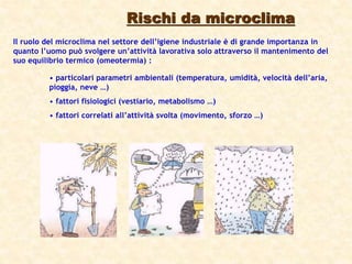 Rischi da microclima
Il ruolo del microclima nel settore dell’igiene industriale è di grande importanza in
quanto l’uomo può svolgere un’attività lavorativa solo attraverso il mantenimento del
suo equilibrio termico (omeotermia) :
• particolari parametri ambientali (temperatura, umidità, velocità dell’aria,
pioggia, neve …)
• fattori fisiologici (vestiario, metabolismo …)
• fattori correlati all’attività svolta (movimento, sforzo …)
 